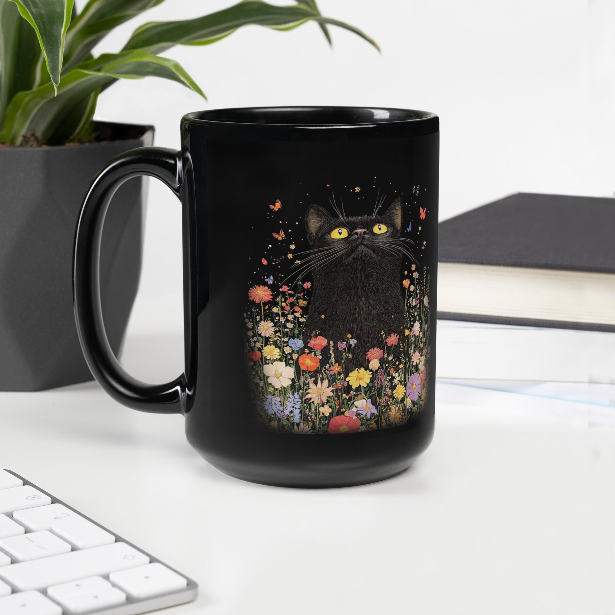 Mug brillant noir - Tasse Chat Bohème