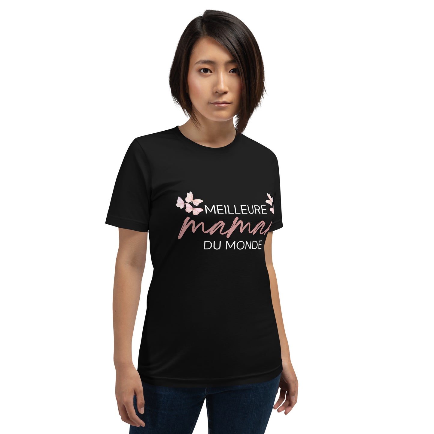 T-shirt noir avec l’inscription « Meilleure Maman au Monde » et illustration de papillons