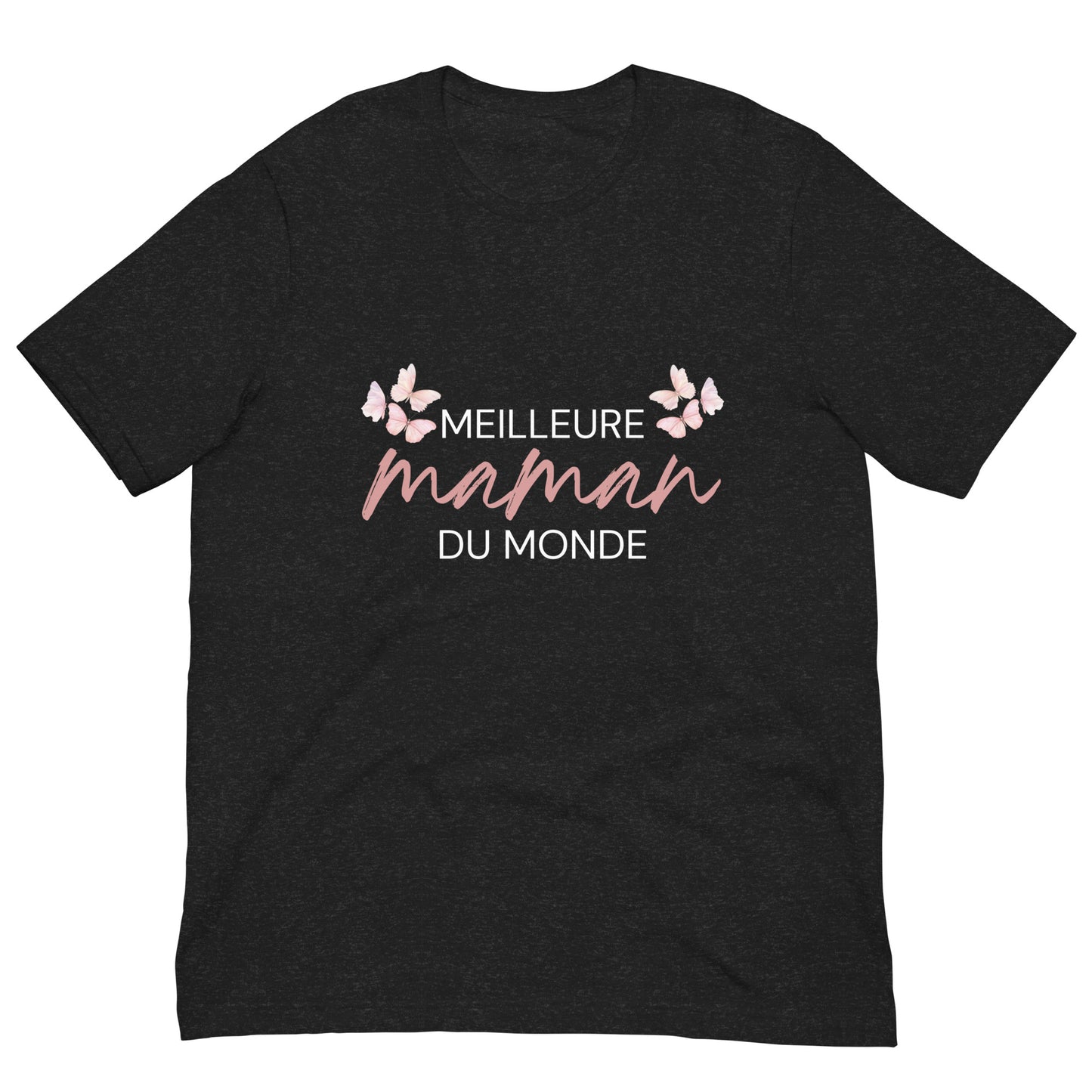 T-shirt noir avec l’inscription « Meilleure Maman au Monde » et illustration de papillons
