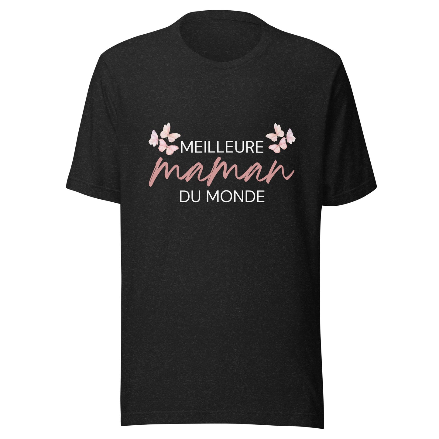 T-shirt noir avec l’inscription « Meilleure Maman au Monde » et illustration de papillons