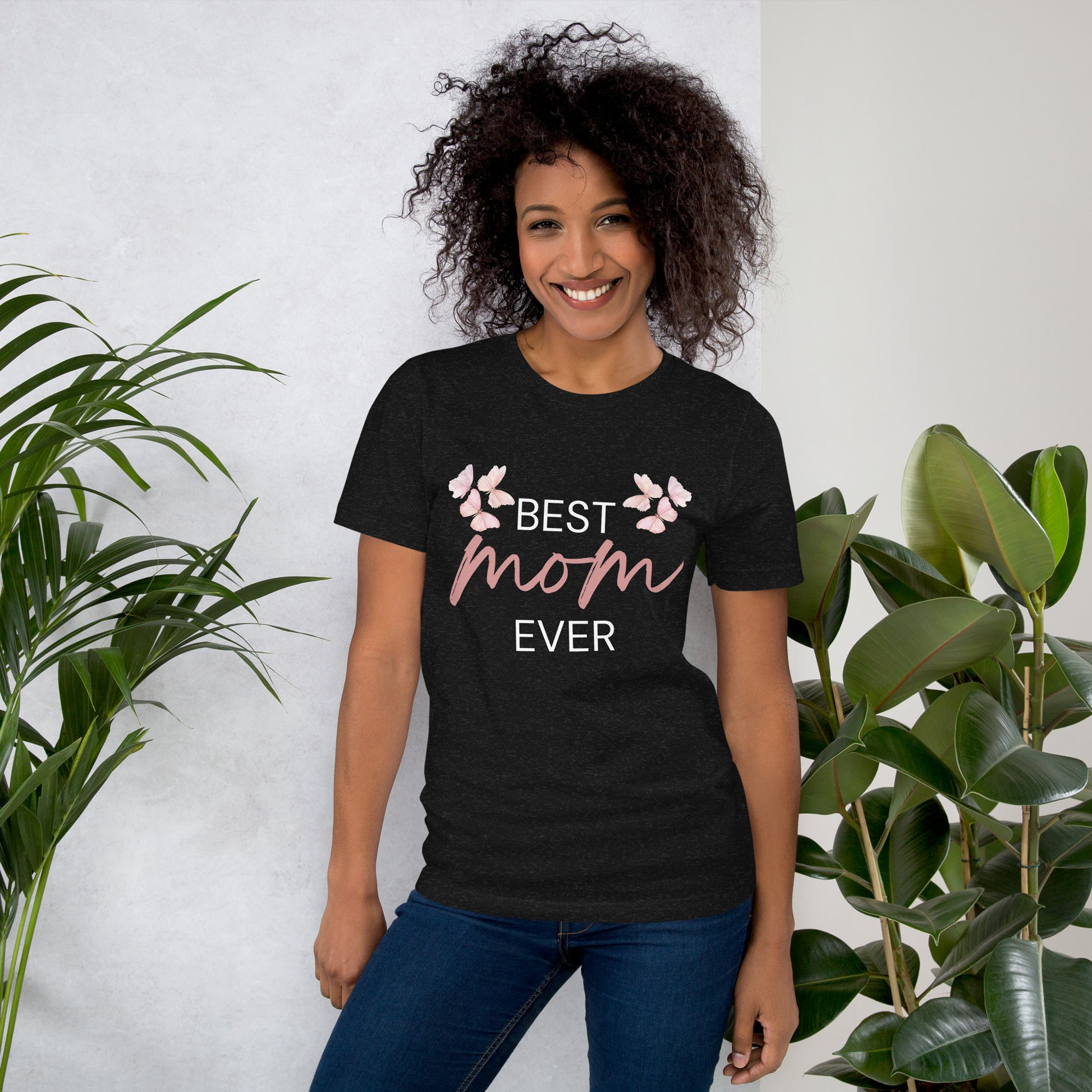 T-shirt with "Best Mom Ever" text and butterfly illustration