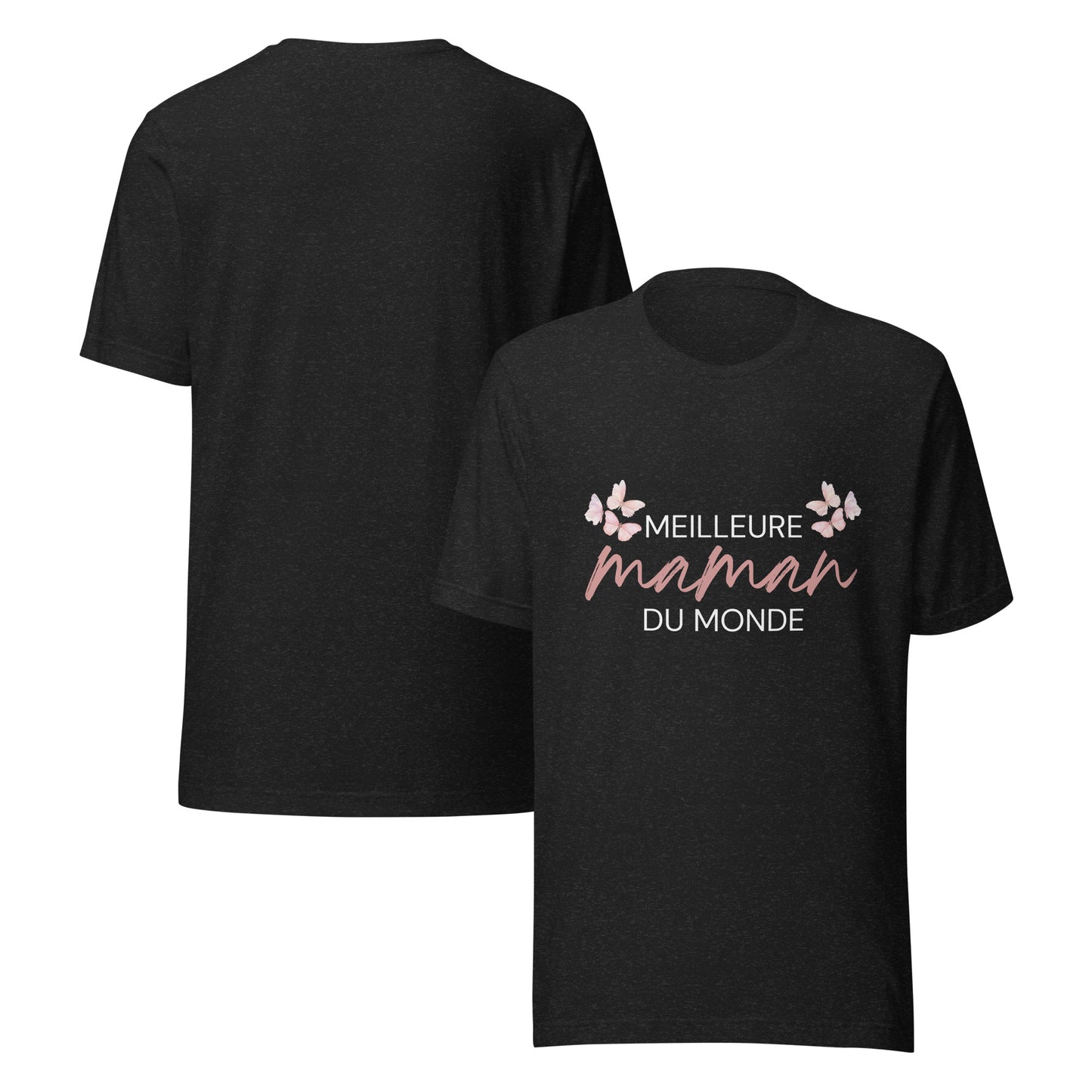 T-shirt noir avec l’inscription « Meilleure Maman au Monde » et illustration de papillons