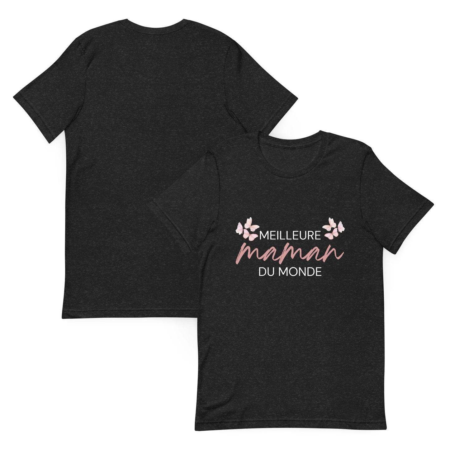 T-shirt noir avec l’inscription « Meilleure Maman au Monde » et illustration de papillons