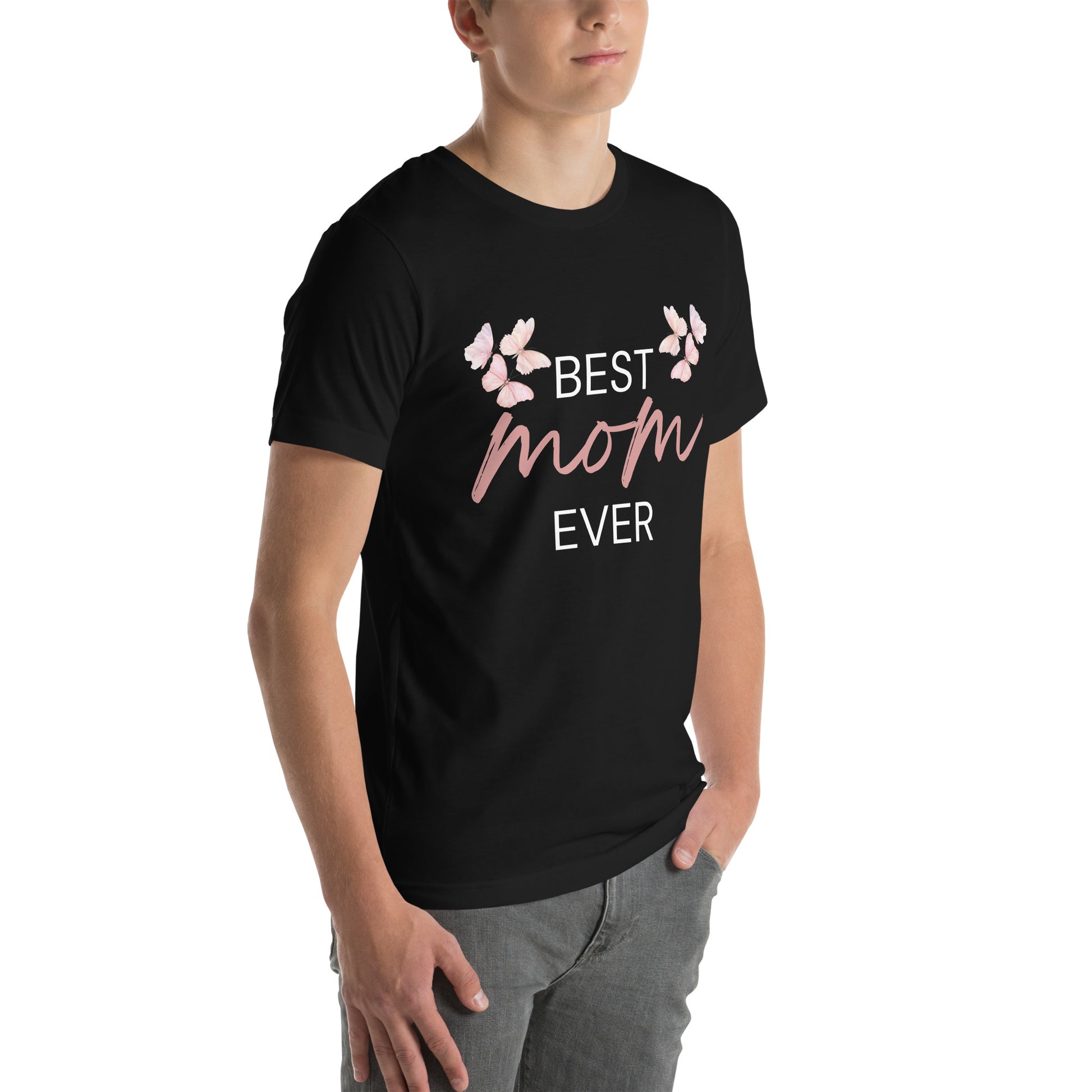 T-shirt with "Best Mom Ever" text and butterfly illustration