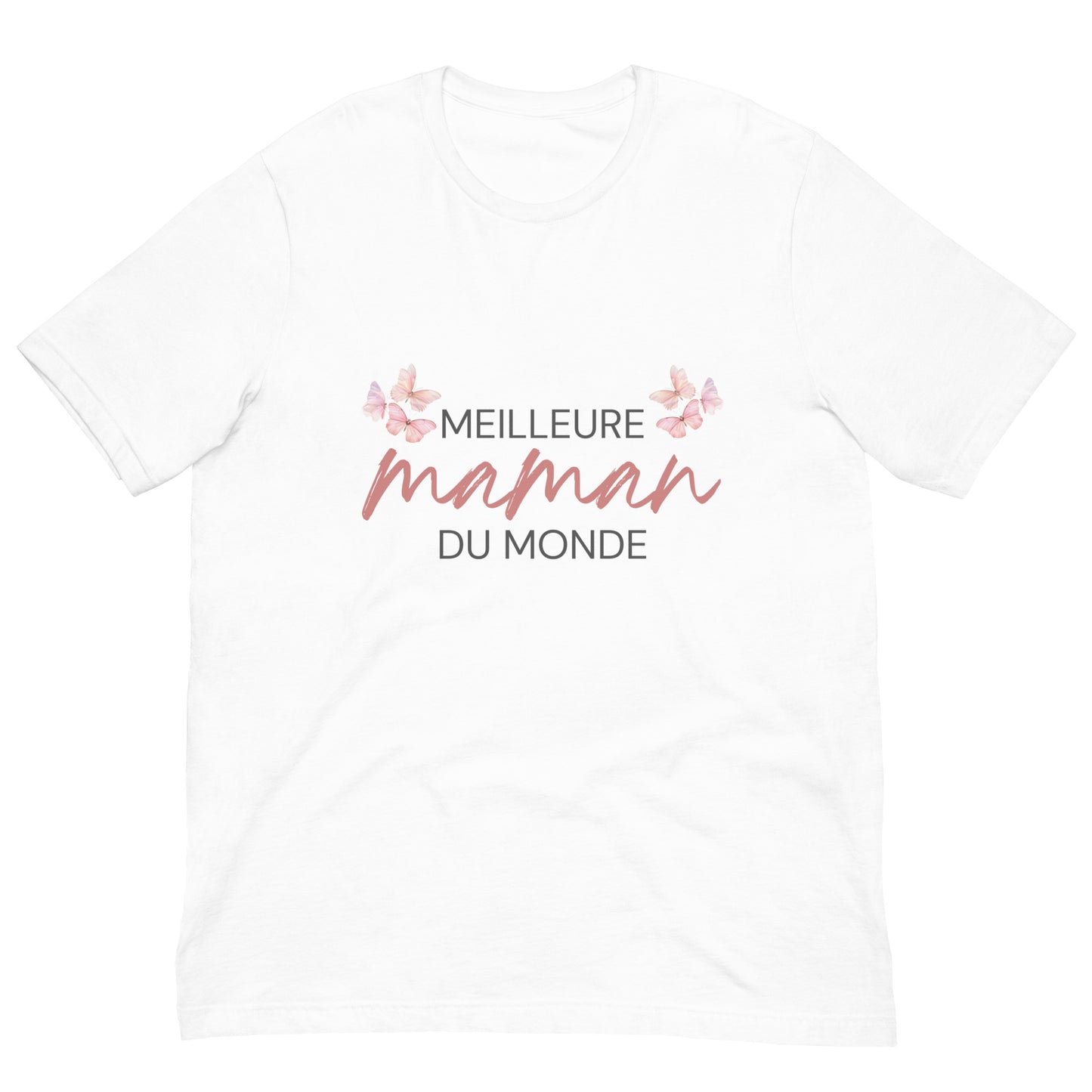 T-shirt blanc avec l’inscription « Meilleure Maman au Monde » et illustration de papillons