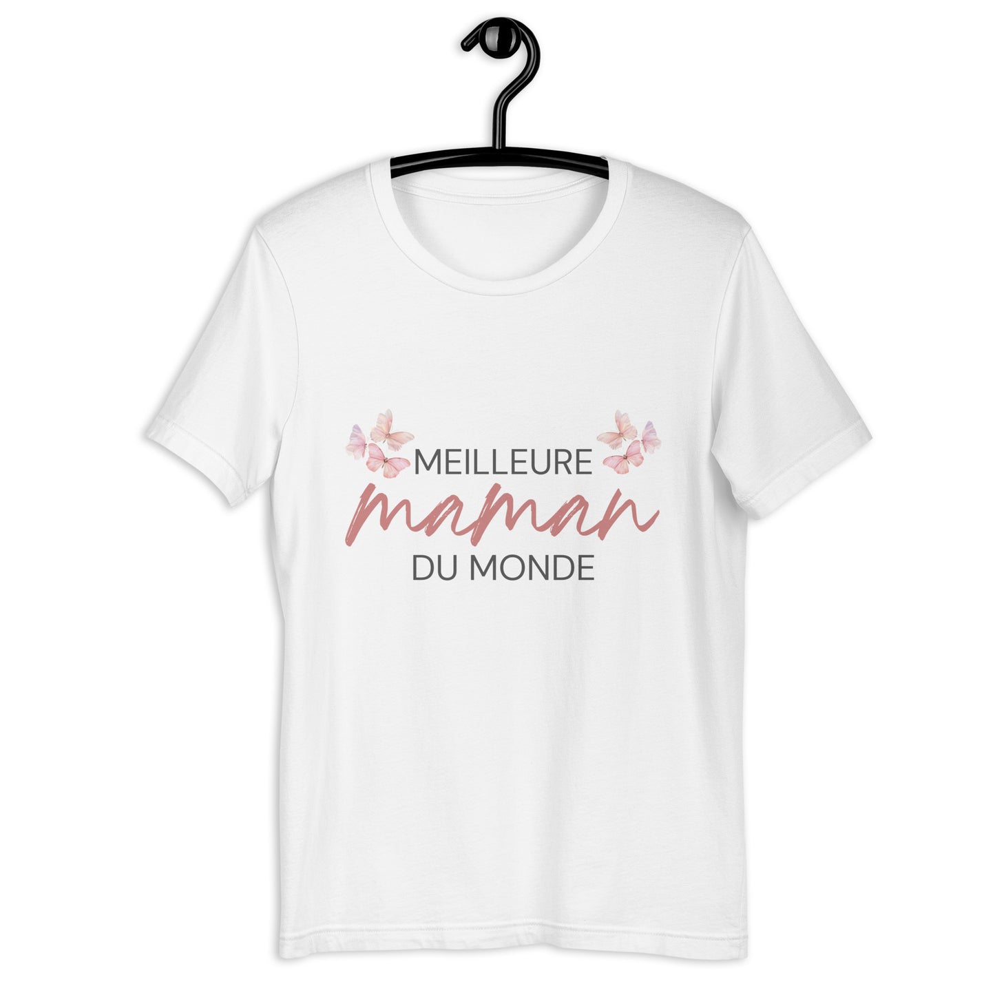 T-shirt blanc avec l’inscription « Meilleure Maman au Monde » et illustration de papillons