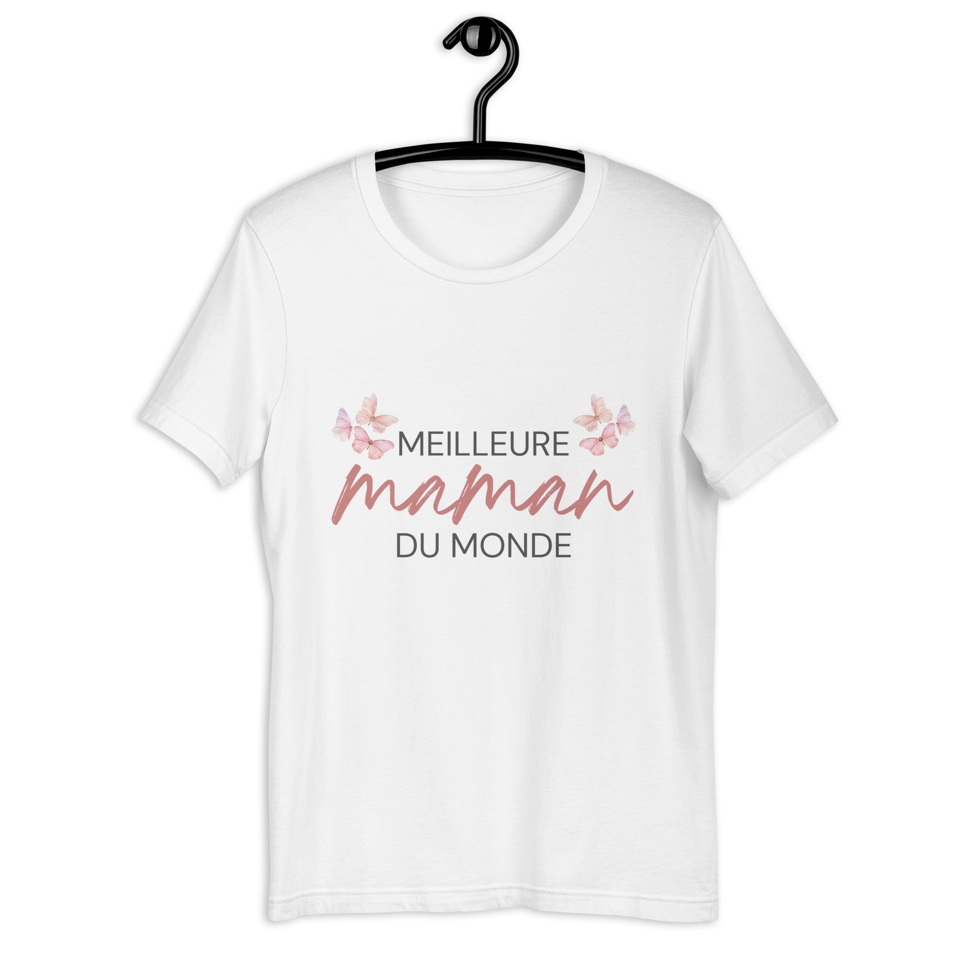 T-shirt blanc avec l’inscription « Meilleure Maman au Monde » et illustration de papillons