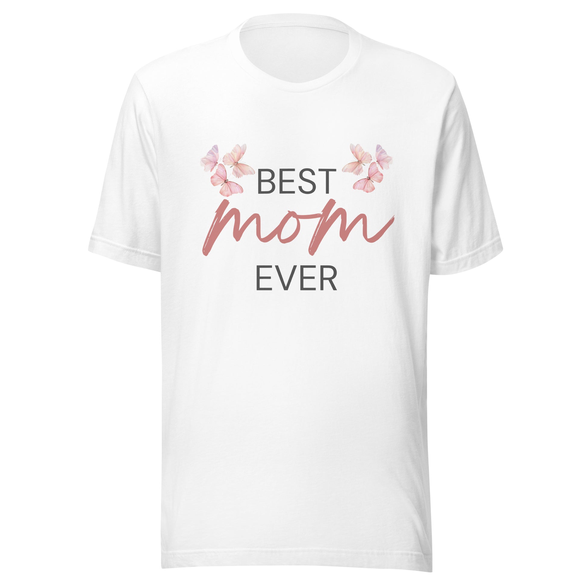 White T-shirt with "Best Mom Ever" text and butterfly illustration