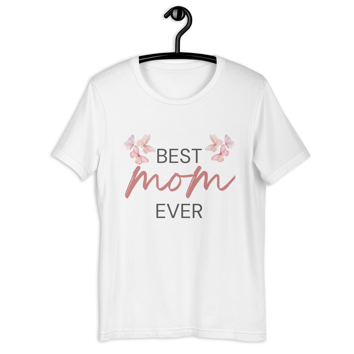 White T-shirt with "Best Mom Ever" text and butterfly illustration
