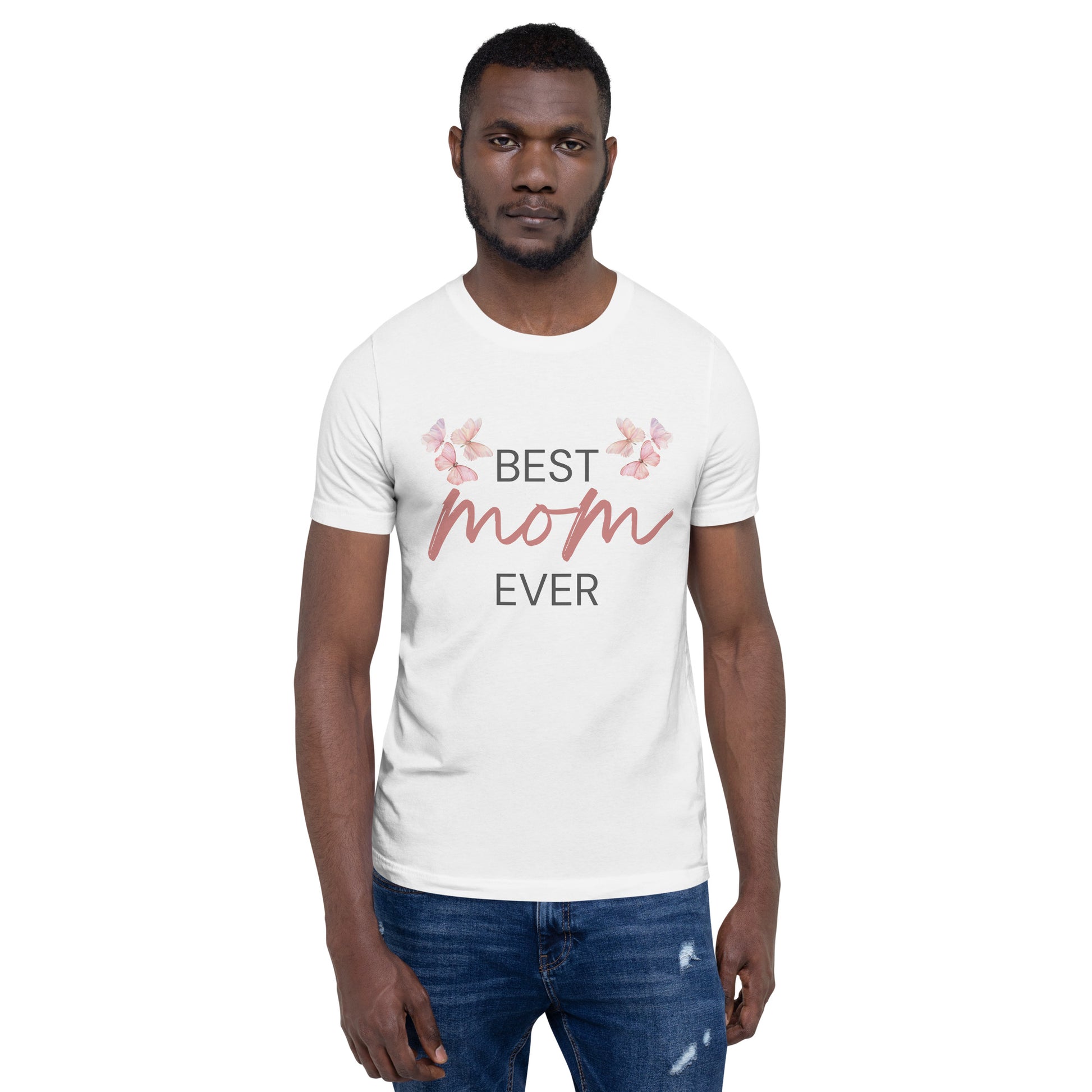 White T-shirt with "Best Mom Ever" text and butterfly illustration