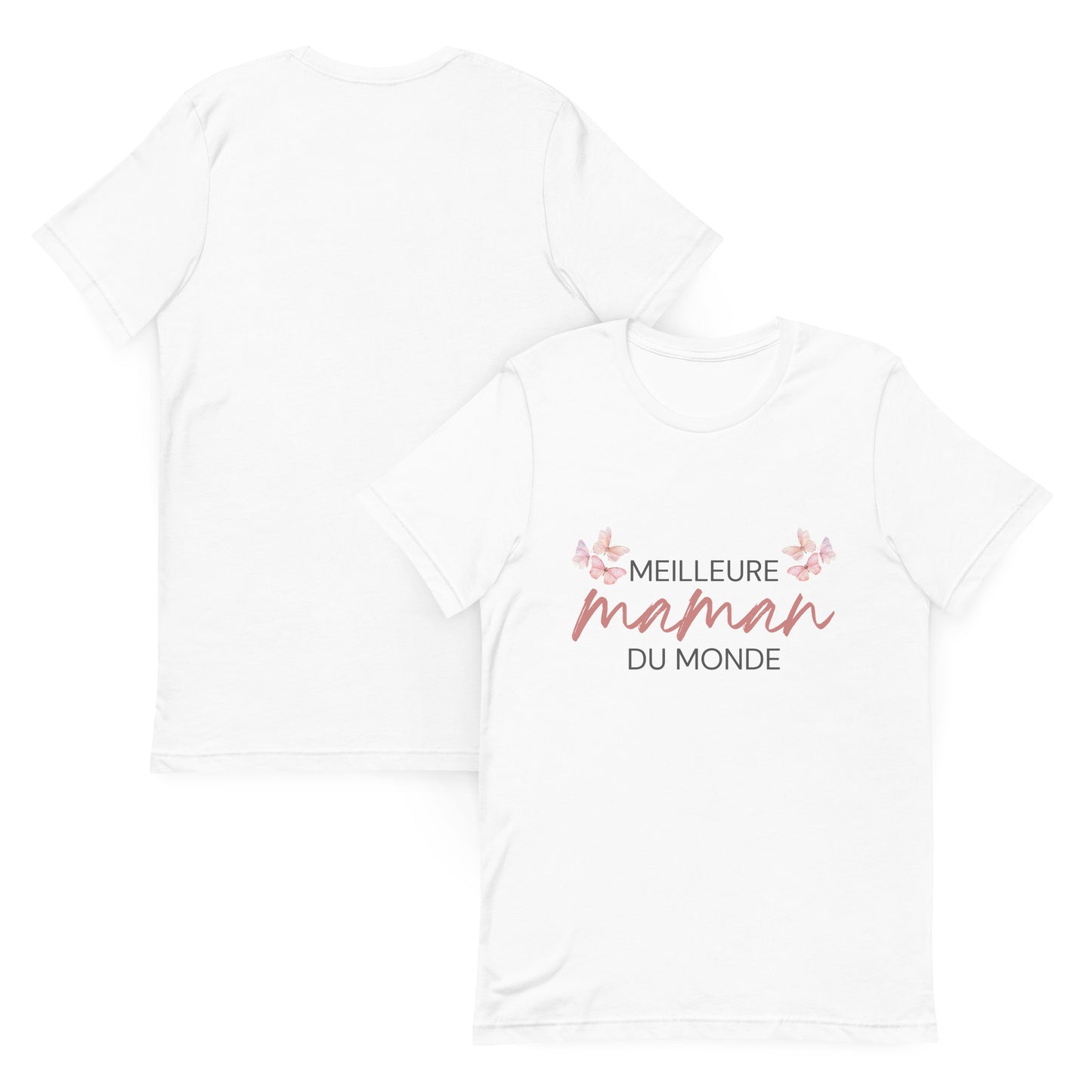 T-shirt blanc avec l’inscription « Meilleure Maman au Monde » et illustration de papillons