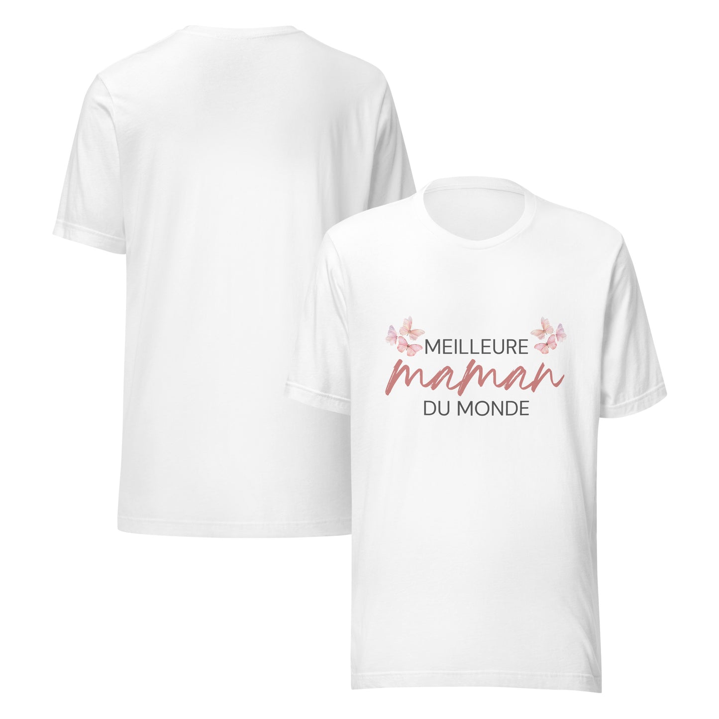T-shirt blanc avec l’inscription « Meilleure Maman au Monde » et illustration de papillons