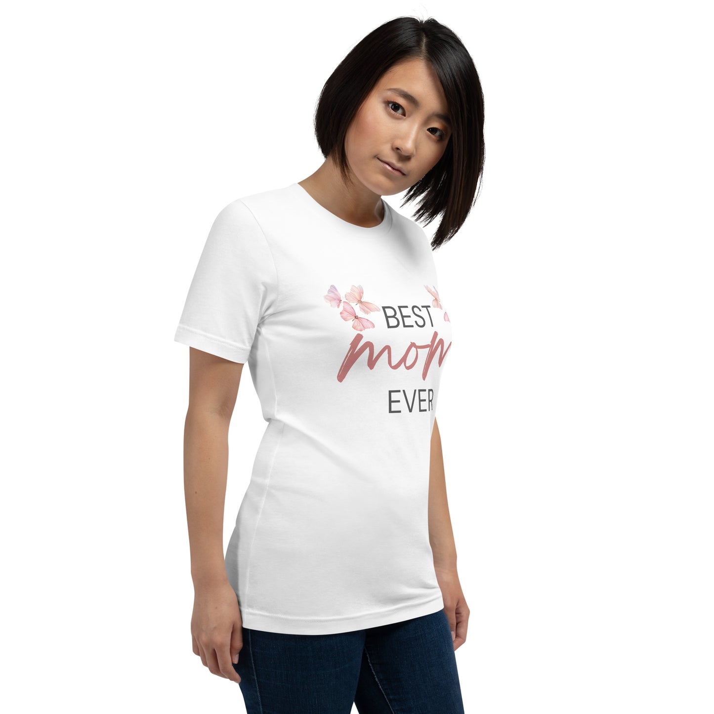 White T-shirt with "Best Mom Ever" text and butterfly illustration