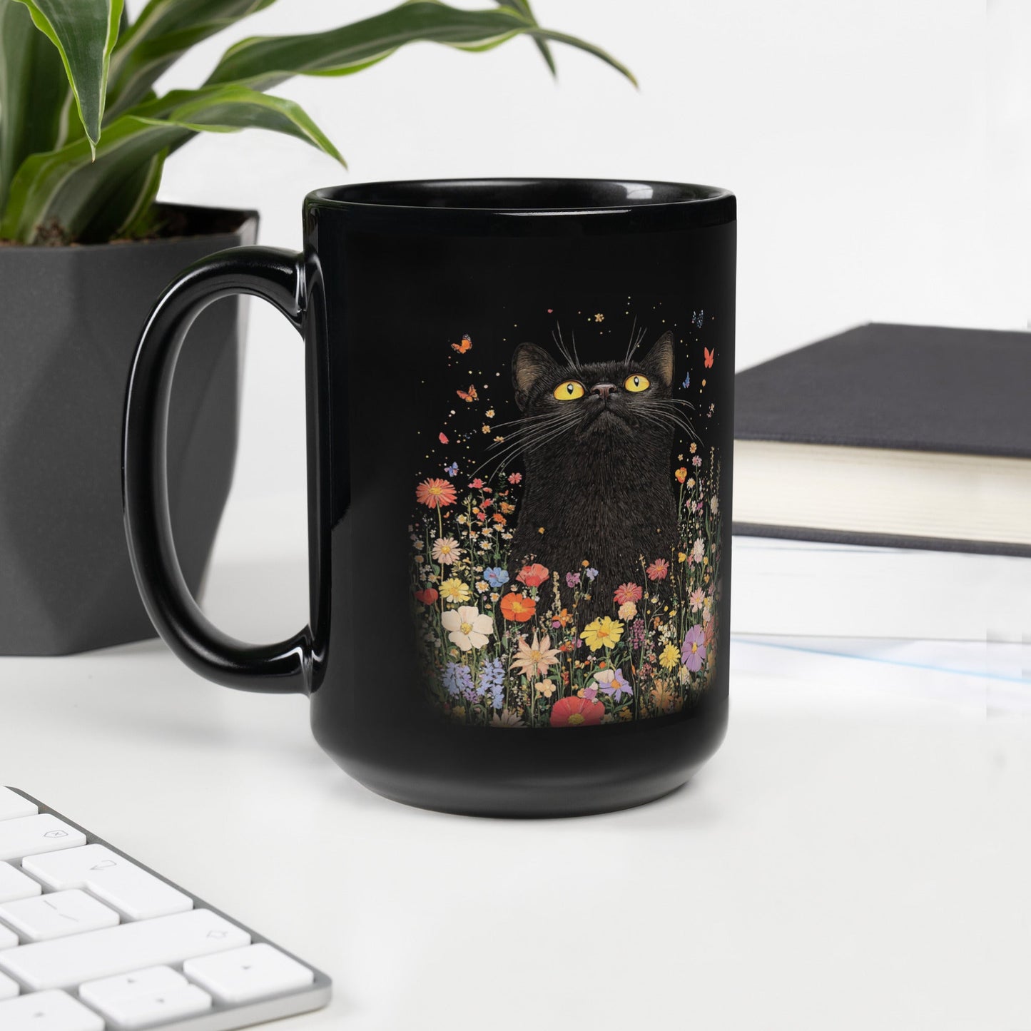 Mug brillant noir - Tasse Chat Bohème